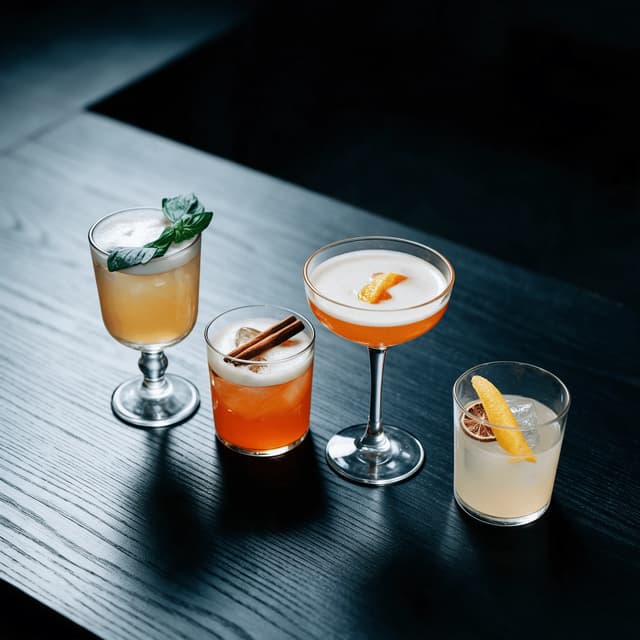 Four seasonal cocktails in a row on dark wood — cocktail menu photography