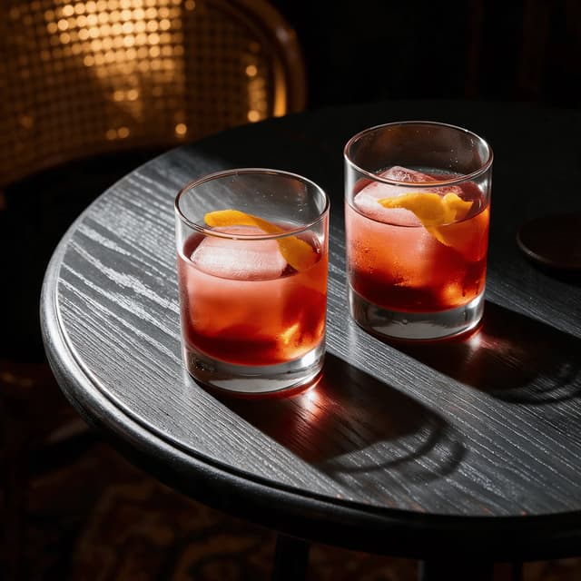 Two negronis with clear ice cubes on a lounge table — bar menu photography