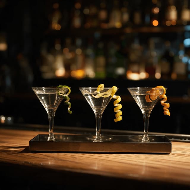 Three martinis with citrus twists on an oak bar counter — backbar cocktail photography
