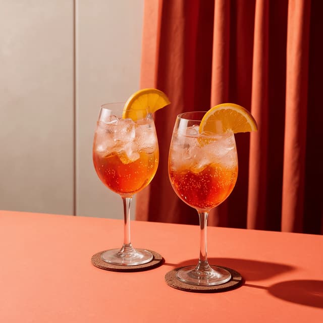 Two orange spritzes in wine glasses on a coral-orange set — summer drink menu photography