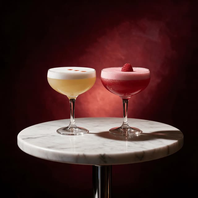 Pisco sour and clover club with foam on white marble — signature cocktail photography