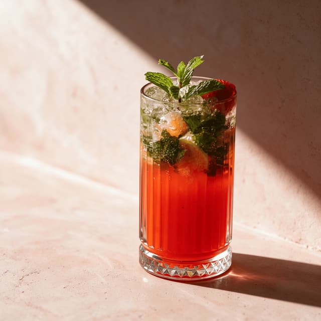 Zero-proof strawberry mint cooler on blush plaster in window light — mocktail menu photography