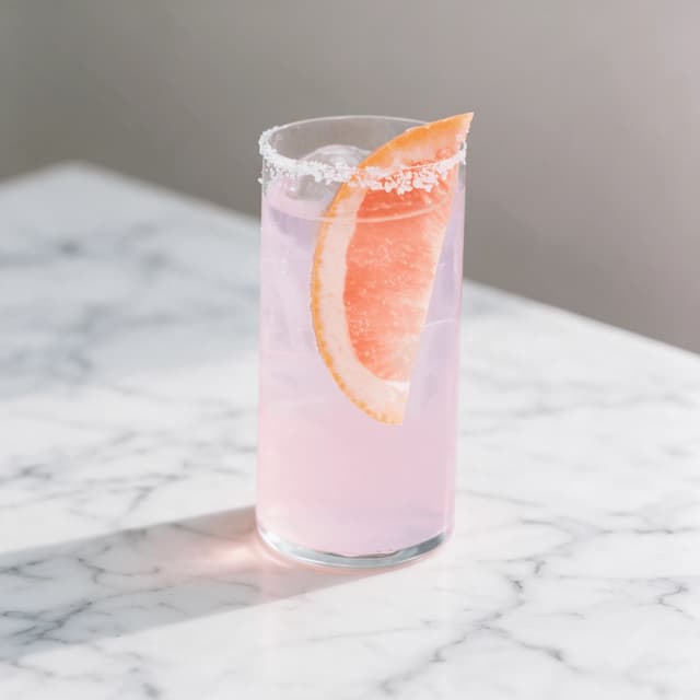 Pink grapefruit paloma highball on white marble — bright cocktail menu photography