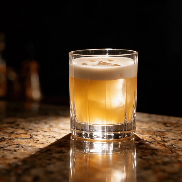 Whiskey sour with egg-white foam on a granite bar — craft cocktail menu photography