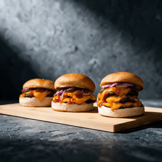 Three cheeseburgers on a bamboo board over gray concrete — burger menu campaign food photography