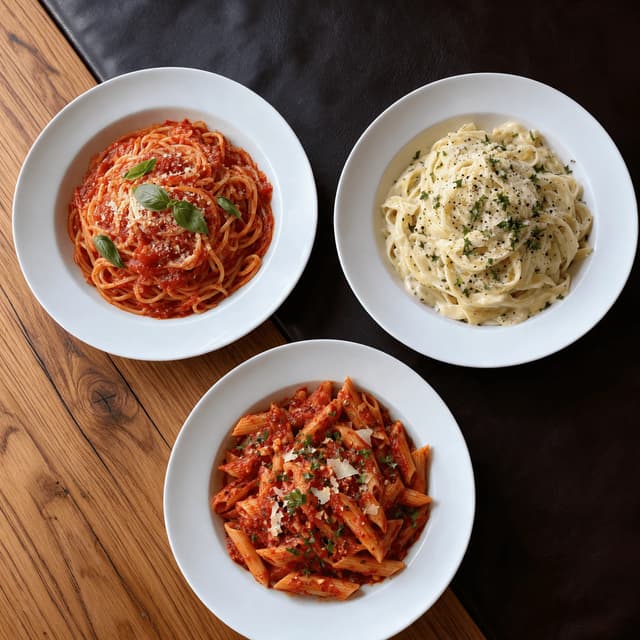 Spaghetti, fettuccine alfredo and penne on oak and leather — pasta menu food photography