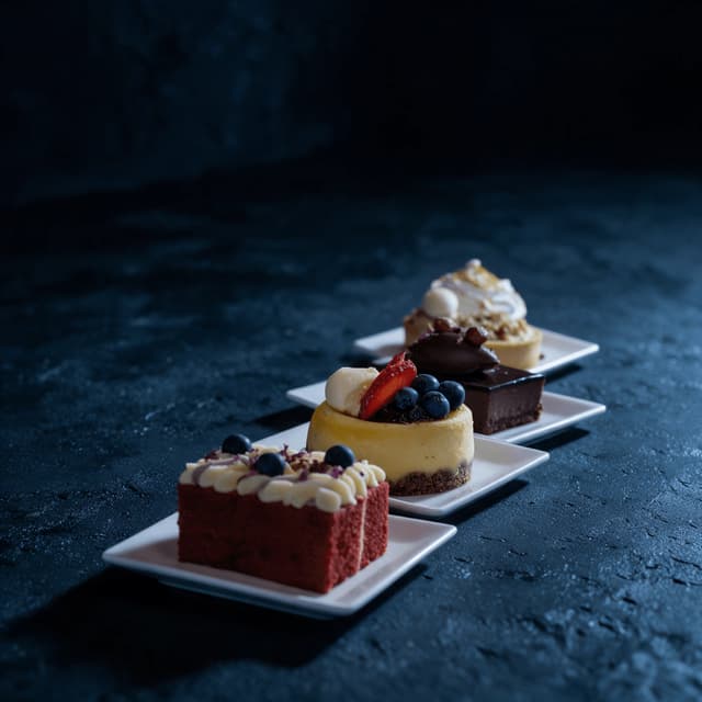 Red velvet, cheesecake and chocolate desserts on dark slate — dessert menu food photography