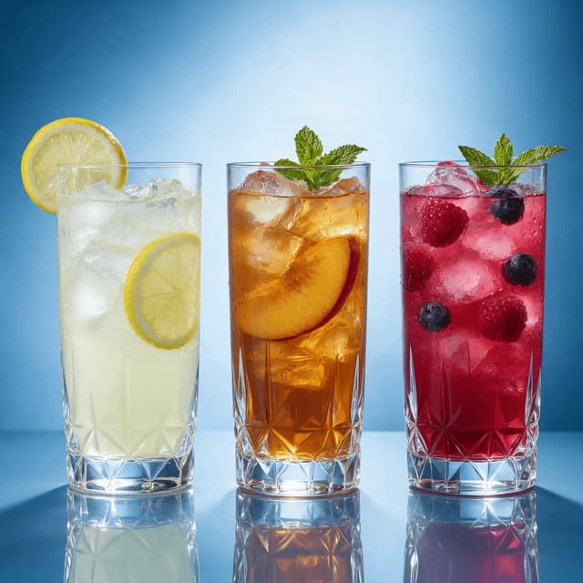 Three iced drinks on a powder-blue reflective set — drinks menu campaign food photography