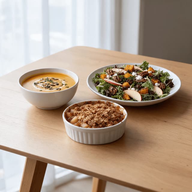 Squash soup, harvest salad and apple crumble on light wood — seasonal menu food photography
