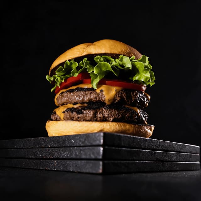 Double cheeseburger on stacked black stone slabs — burger campaign food photography