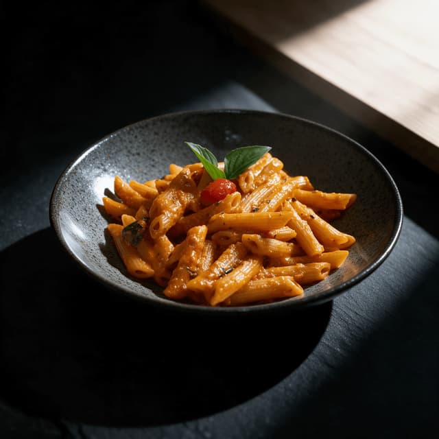 Penne in tomato cream sauce in a dark stoneware bowl — Italian campaign food photography