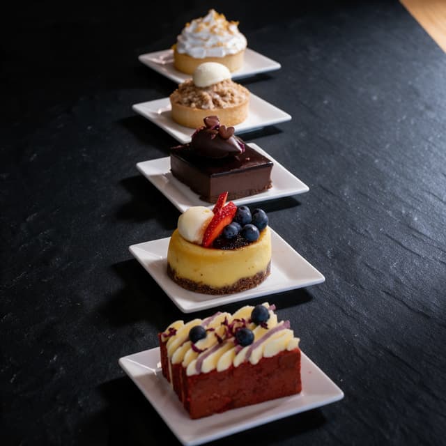 Five plated desserts in a row on black slate — restaurant dessert food photography