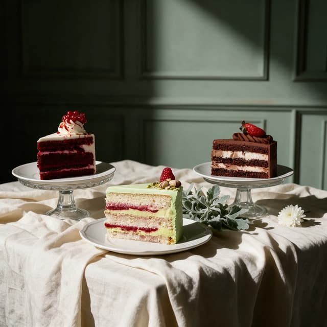 Red velvet, pistachio-raspberry and chocolate layer-cake slices on cream linen — patisserie food photography