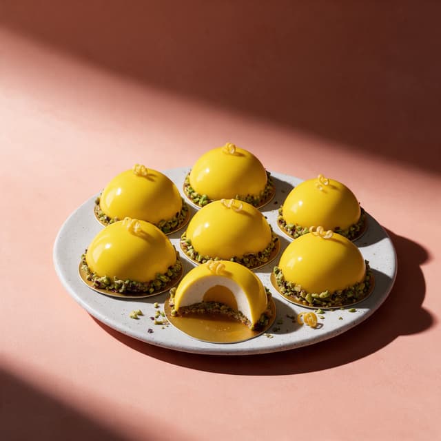 Mirror-glazed lemon and pistachio entremets on a peach studio sweep — patisserie food photography