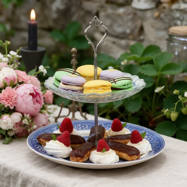Macarons, éclairs and raspberry meringues on a two-tier stand — patisserie food photography