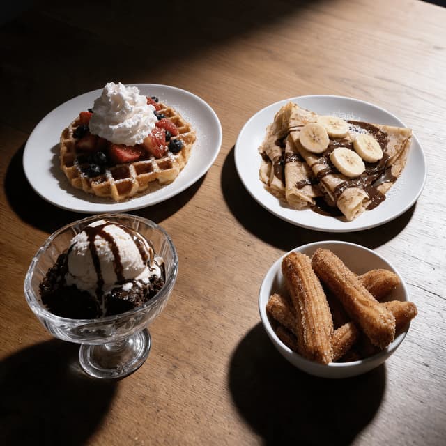 Waffles, crêpes and a brownie sundae on an oak table — dessert bar food photography