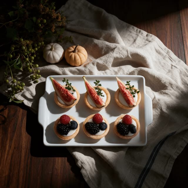 Fig and berry tartlets on dark walnut — seasonal patisserie food photography