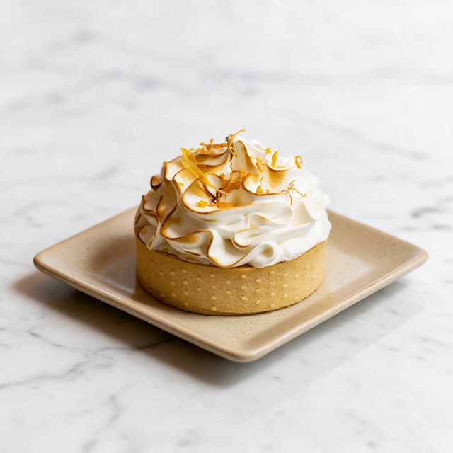 Lemon meringue tart with torched peaks on white marble — patisserie food photography