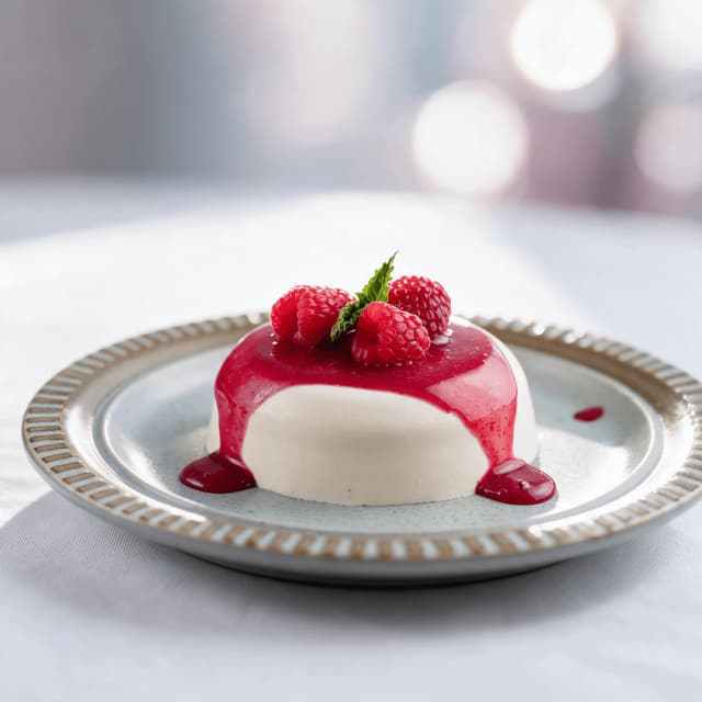 Vanilla panna cotta with raspberry coulis on white linen — plated dessert food photography