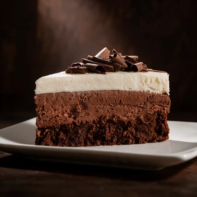 Triple chocolate mousse cake slice on dark wood — dessert food photography