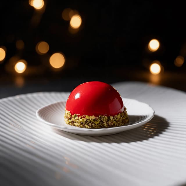 Mirror-glazed raspberry dome with pistachio base on white ribbed porcelain — patisserie food photography