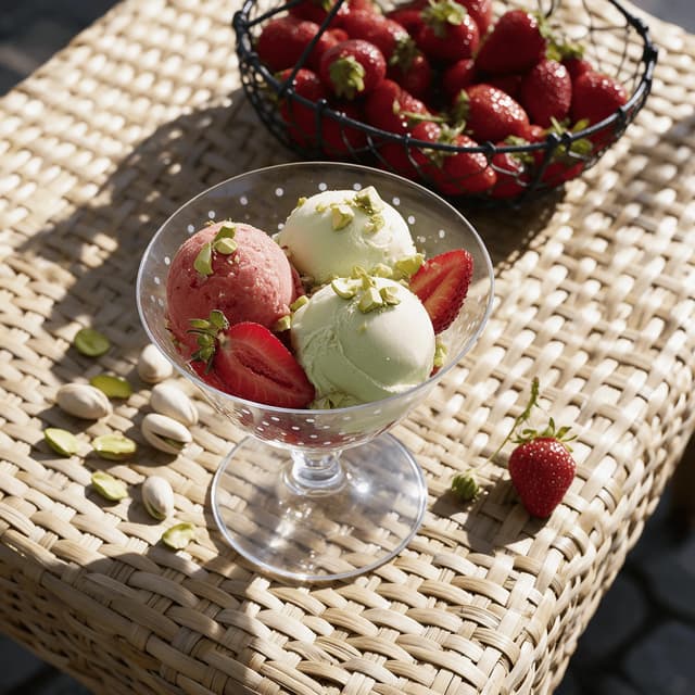 Pistachio and strawberry gelato in a glass coupe on a terrace — gelateria food photography