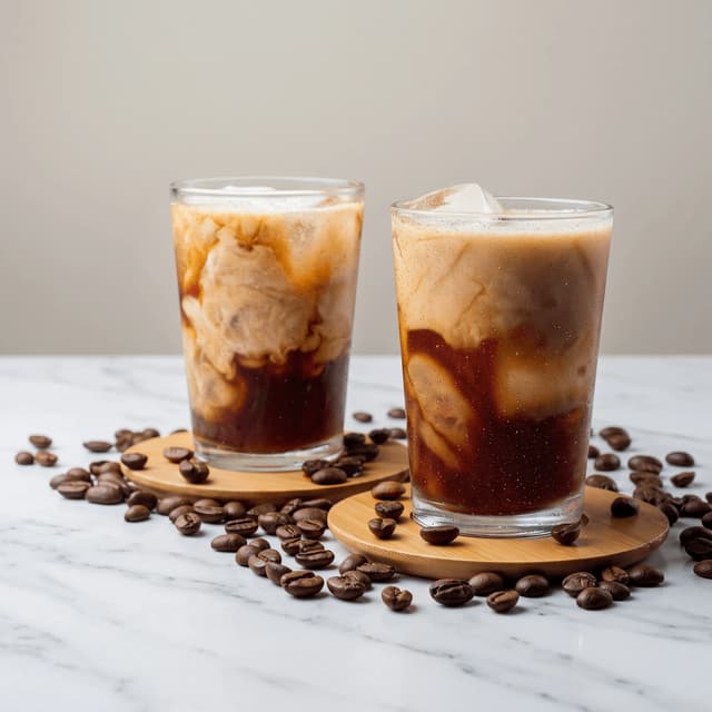 Two iced coffees with milk swirls on white marble — café iced coffee photography