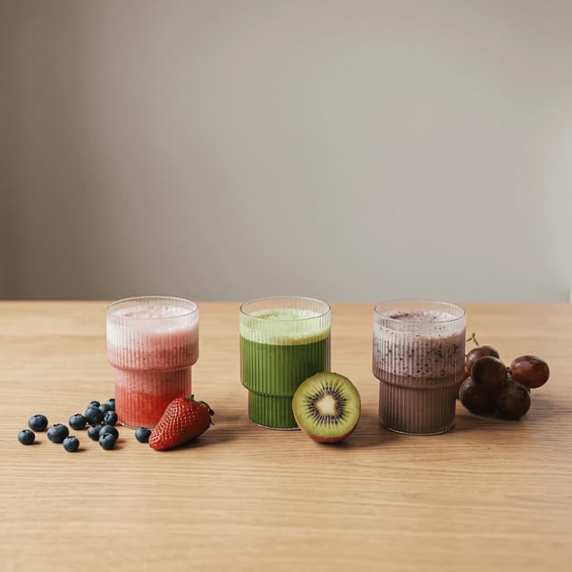 Strawberry, green and blueberry smoothies on pale oak — juice bar drink photography