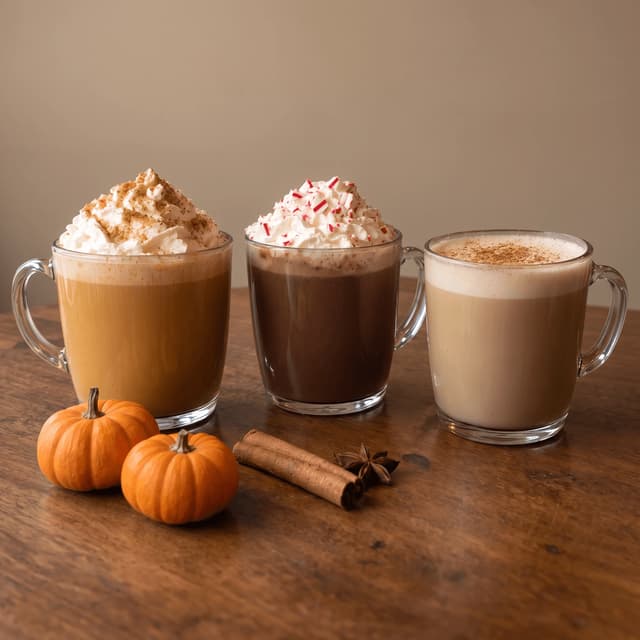 Pumpkin spice latte, peppermint mocha and chai on a walnut table — seasonal café photography