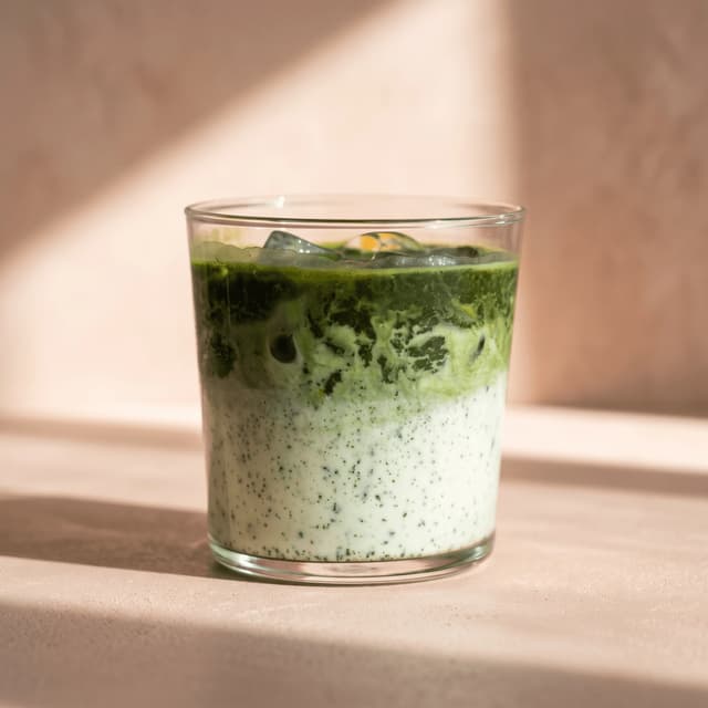 Iced matcha latte on blush plaster in soft sunlight — tea shop drink photography