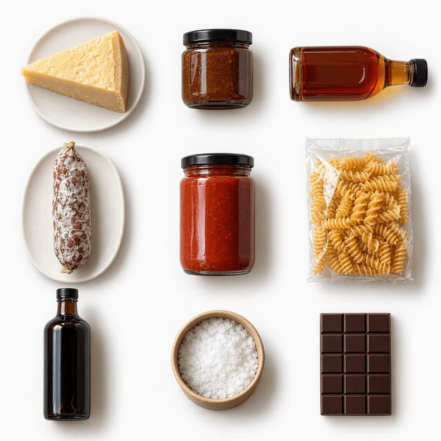 Overhead grid of nine unlabelled food and drink products in three rows of three on seamless white