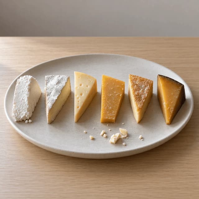 Row of six different cheese wedges graded from pale white to deep golden orange on a wide ceramic platter over pale oak