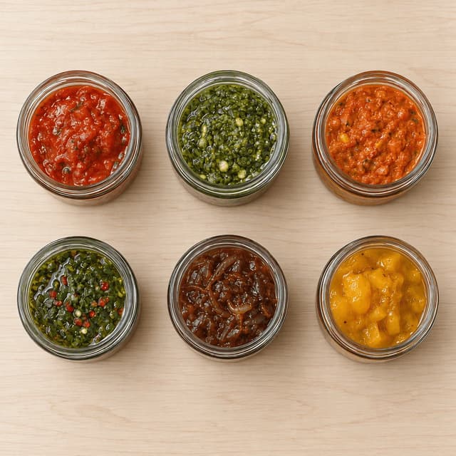 Overhead row of six open unlabelled jars of sauces in red, green, orange, yellow and dark brown on pale ash wood