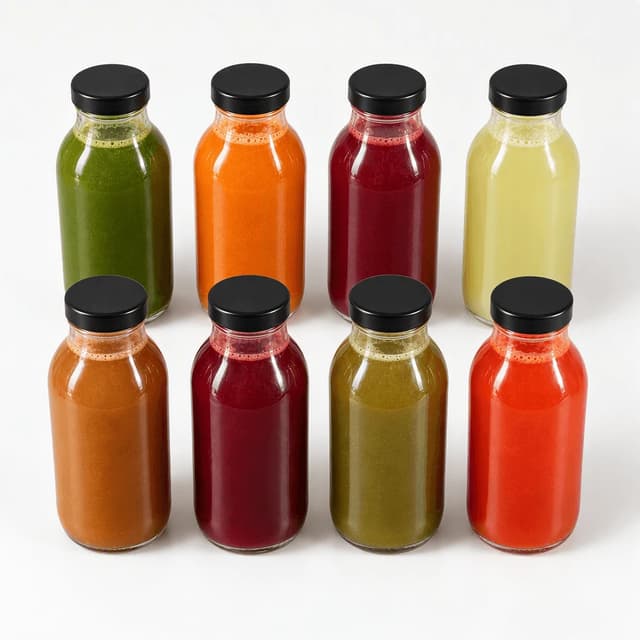 Two rows of four unlabelled juice bottles, four year-round colours behind four seasonal colours on a pale sweep