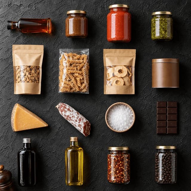 Overhead four-by-four grid of sixteen unlabelled jars, bottles, pouches and tins on dark stucco