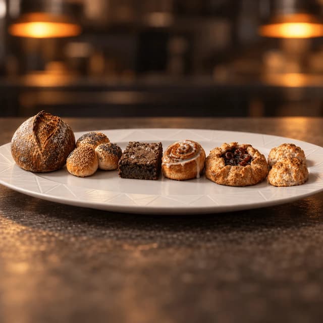 Six just-baked items including a sourdough loaf, seeded rolls, a brownie, a cinnamon bun and a fruit galette on a wide white platter at a warm bakery pass