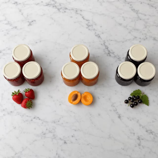 Overhead white marble surface with three separate clusters of three unlabelled preserve jars each