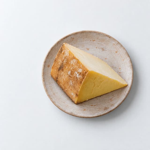 Single wedge of aged farmhouse cheddar with a natural mottled rind on a speckled ceramic plate against a seamless white background