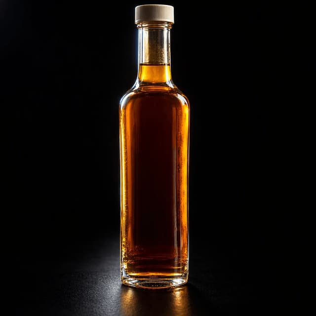 Tall unlabelled glass bottle of amber maple syrup with a plain cream cap, lit from the side against a deep black studio background