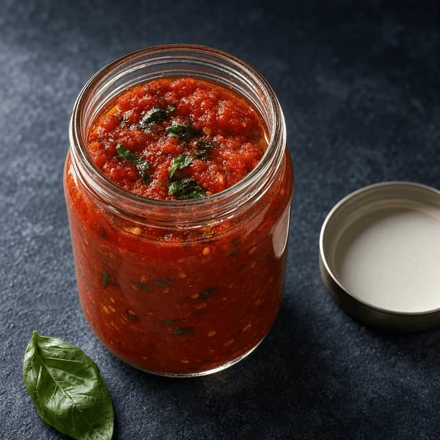 Open unlabelled jar of slow-simmered tomato and basil sauce in true scarlet on dark slate, its plain lid and a single basil leaf alongside