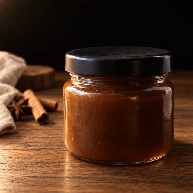 Unlabelled jar of spiced apple butter with cinnamon quills and a star anise on dark oiled wood