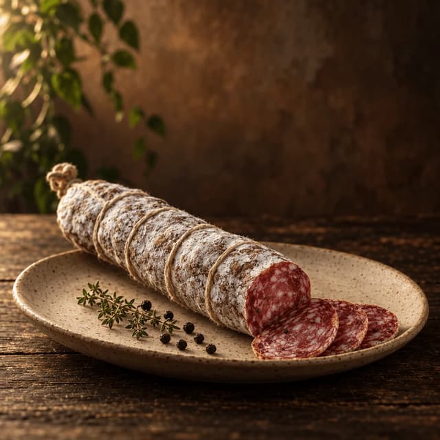 Whole artisan salami with a white bloom rind and three cut slices fanned out on an oval speckled ceramic platter over dark aged timber