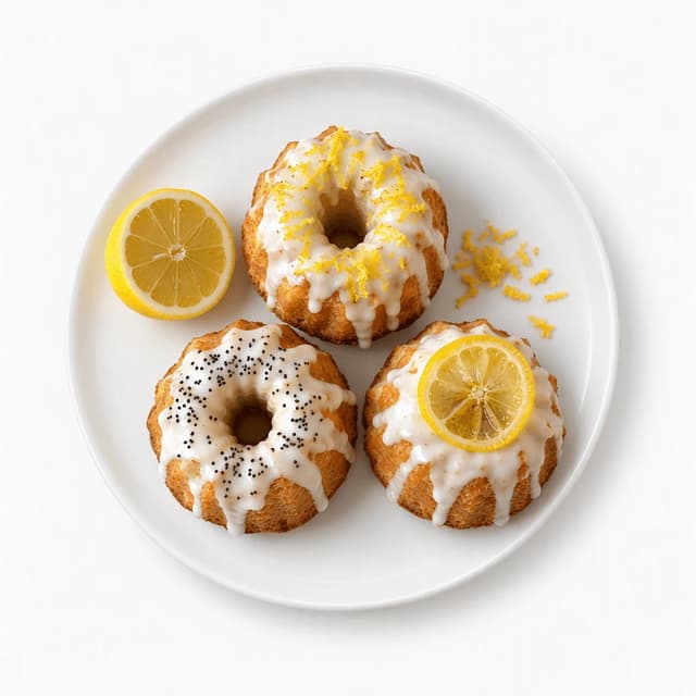 Overhead of three lemon-glazed mini bundt cakes with zest, poppy seeds and a lemon slice on a white plate, centred with wide margins