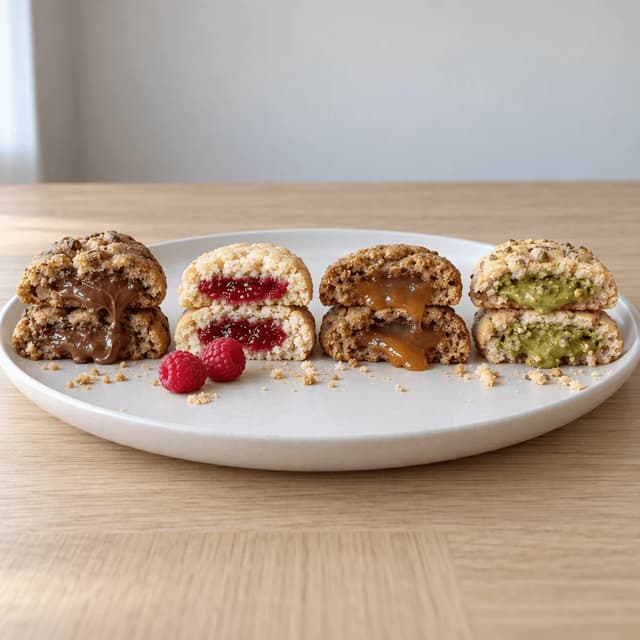 Four stuffed cookies broken open and stacked to show hazelnut chocolate, raspberry jam, salted caramel and pistachio fillings on a cream platter