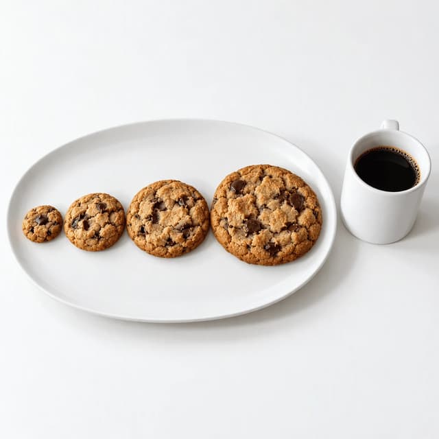 Four chocolate chip cookies from bite-size to jumbo on a white oval platter beside a plain white mug of black coffee