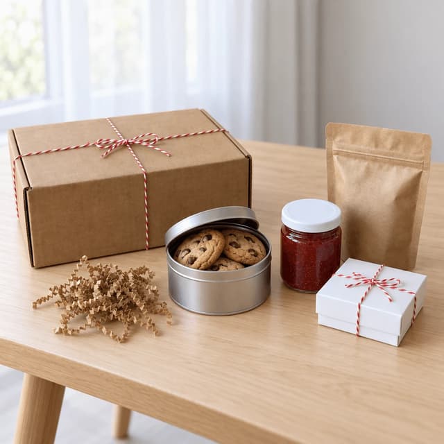 Closed kraft mailer box tied with baker's twine beside a cookie tin, a jar of jam, a kraft pouch and a twine-tied gift box on light oak