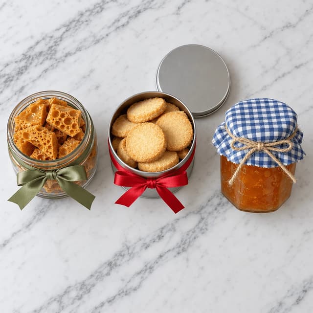 Overhead of a ribboned jar of honeycomb toffee, a ribbon-tied tin of shortbread and a gingham-lidded jar of apricot jam on marble