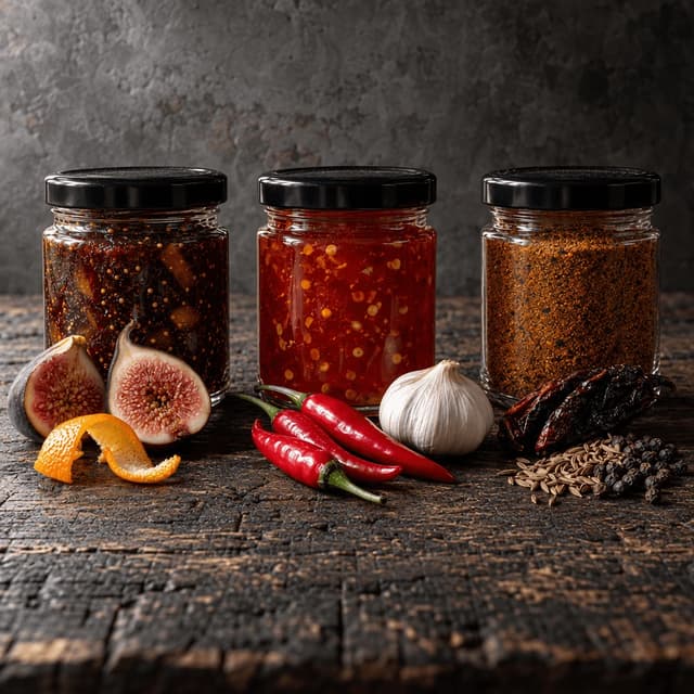 Three unlabelled jars of fig jam, chilli jam and smoked spice rub with figs, fresh chillies and whole spices on dark wood