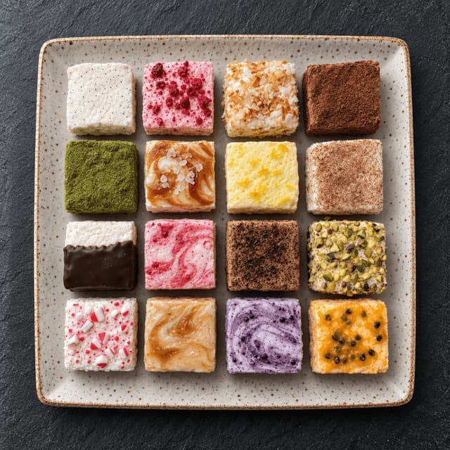 Overhead four-by-four grid of sixteen gourmet marshmallow squares in different flavours on a speckled cream platter over dark slate