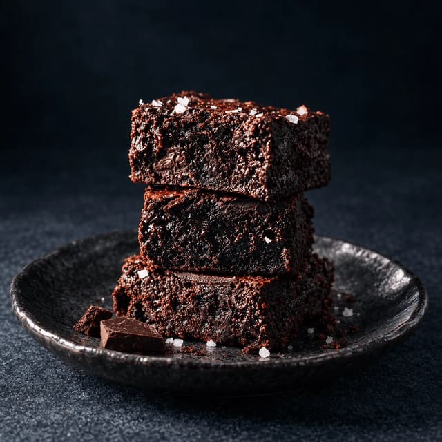 Stack of three dense fudgy brownies with flaky sea salt on a charcoal stoneware plate, their cut sides showing the glossy crumb
